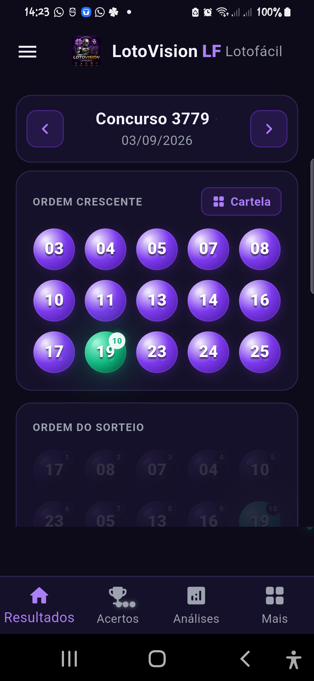Tela de resultados do LotoVision LotoFácil
